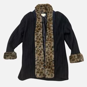 Vintage 80s Angora Sweater Coat Black Leopard Faux Fur Trim Oversized S -
